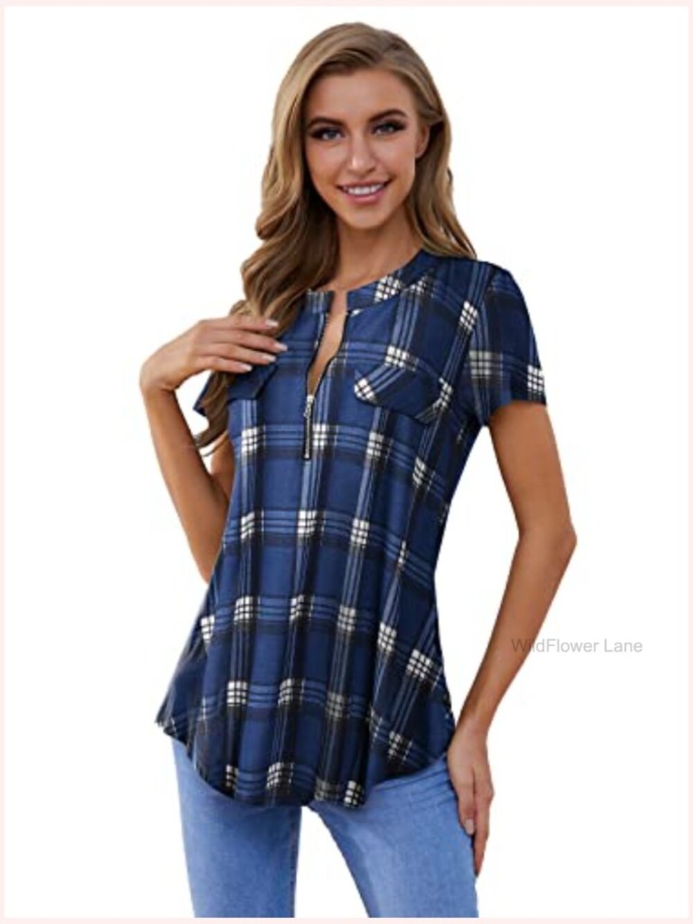 Women's Zip V Neck Plaid Short Sleeve Tunic Top Blouse - Picture 2 of 7